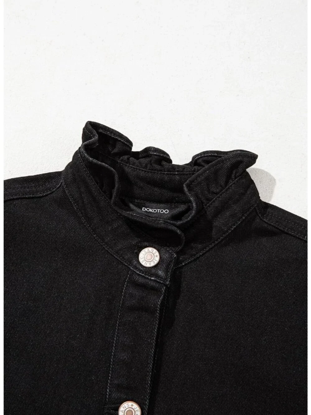 Women's Black Button Down Ruffle Casual Oversized Cropped Jacket with Pockets